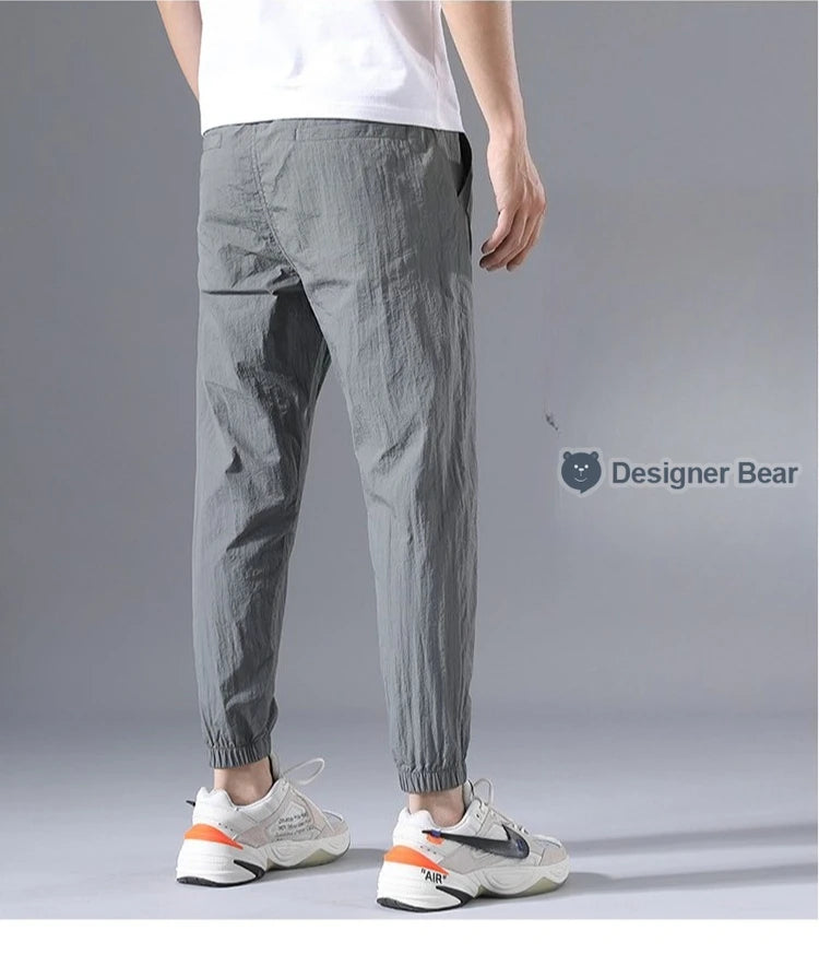 2026 Summer Thin Men's Wrinkled Fabric Loose Tapered Harem Pants Quick-Dry Elastic Cuff Casual Trousers Elastic Waist City Boy