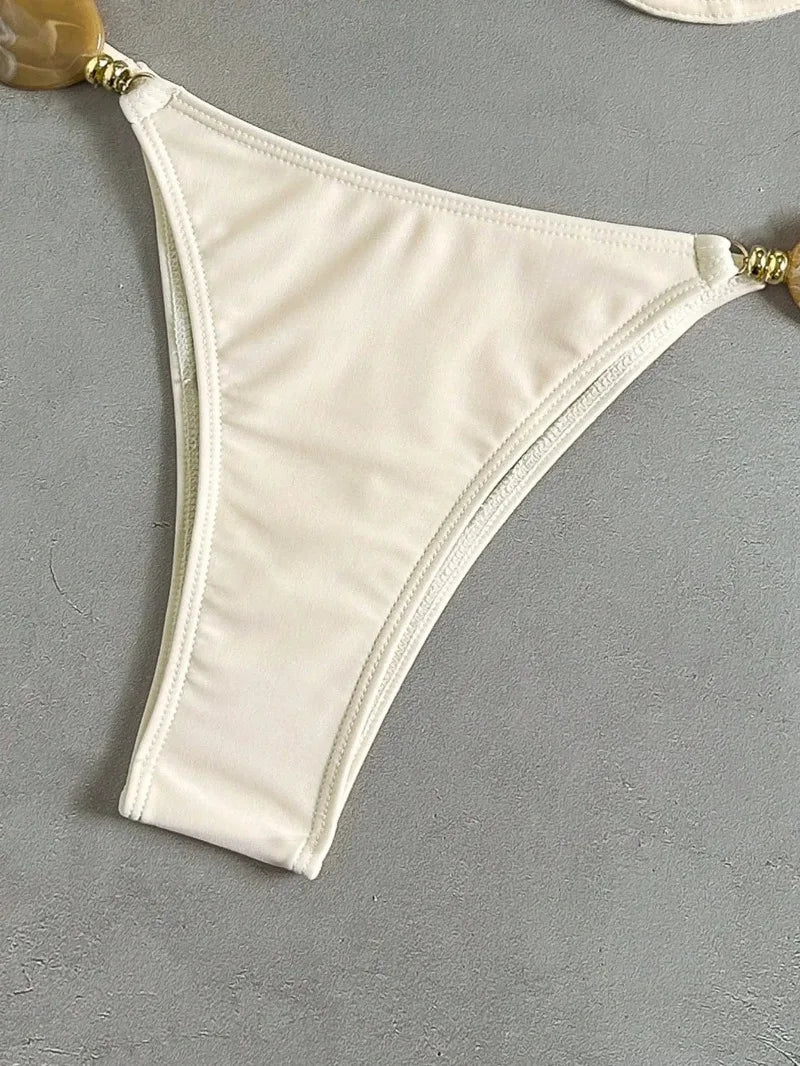 New Women's Sexy Halter Neck Backless Bikini Set Two-Piece Swimwear Solid Color Euro American Style Summer Beach Fashion