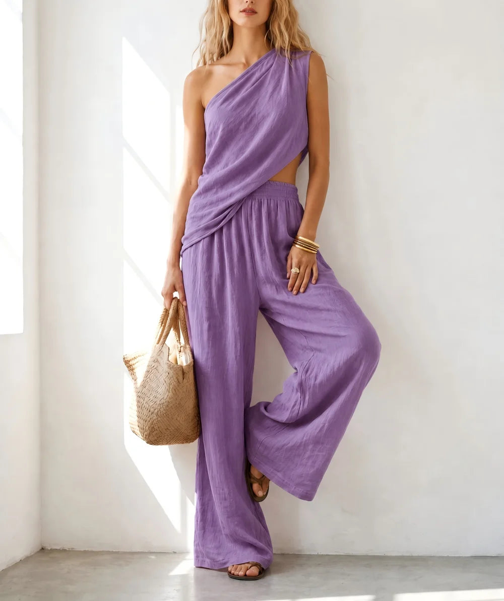 Summer Women Slant Shoulder Top & Wide Leg Pants 2 Piece Outfit Cotton Linen Casual Matching Suit