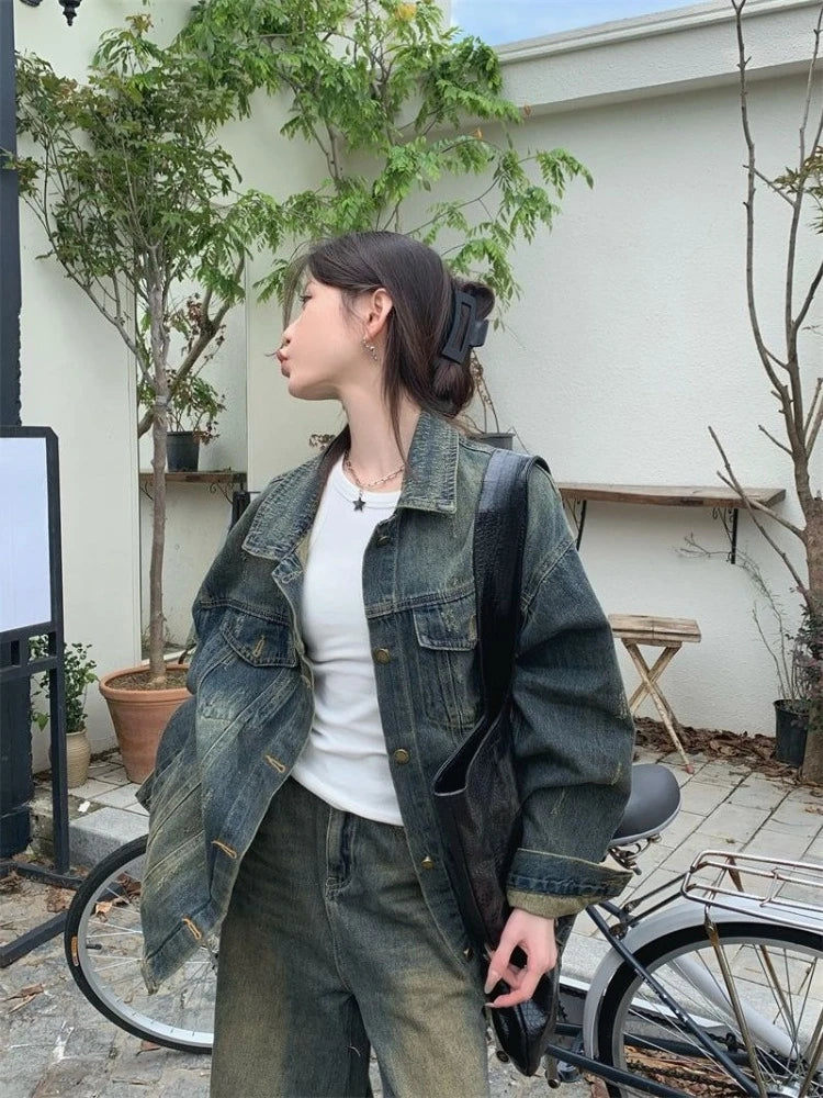 Vintage Washed Denim For Women Loose Fit Street Style Casual Biker With Retro Spring Autumn Layering Outerwear