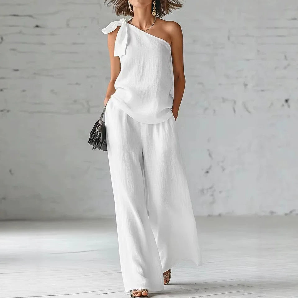 Women's 2 Piece Set 2026 Summer Sexy One Shoulder Tie Knot Top And Wide Leg Pants Suit Casual Loose Summer Beach Vacation Outfit