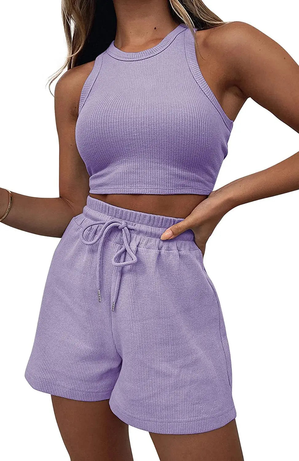 Women Shorts Outfit Solid Sleeveless Ribbed Crop Tank And Drawstring Shorts Casual Tracksuit Workout Set 2 Piece Lounge Set