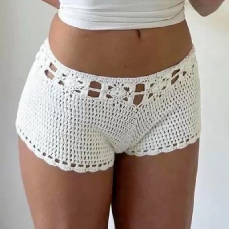 Bohemian Crochet Swim Trunks Sexy Hollow Out Micro Shorts Handmade Crochet Knitted Women Beach Board Bikini Cover-ups Bottoms