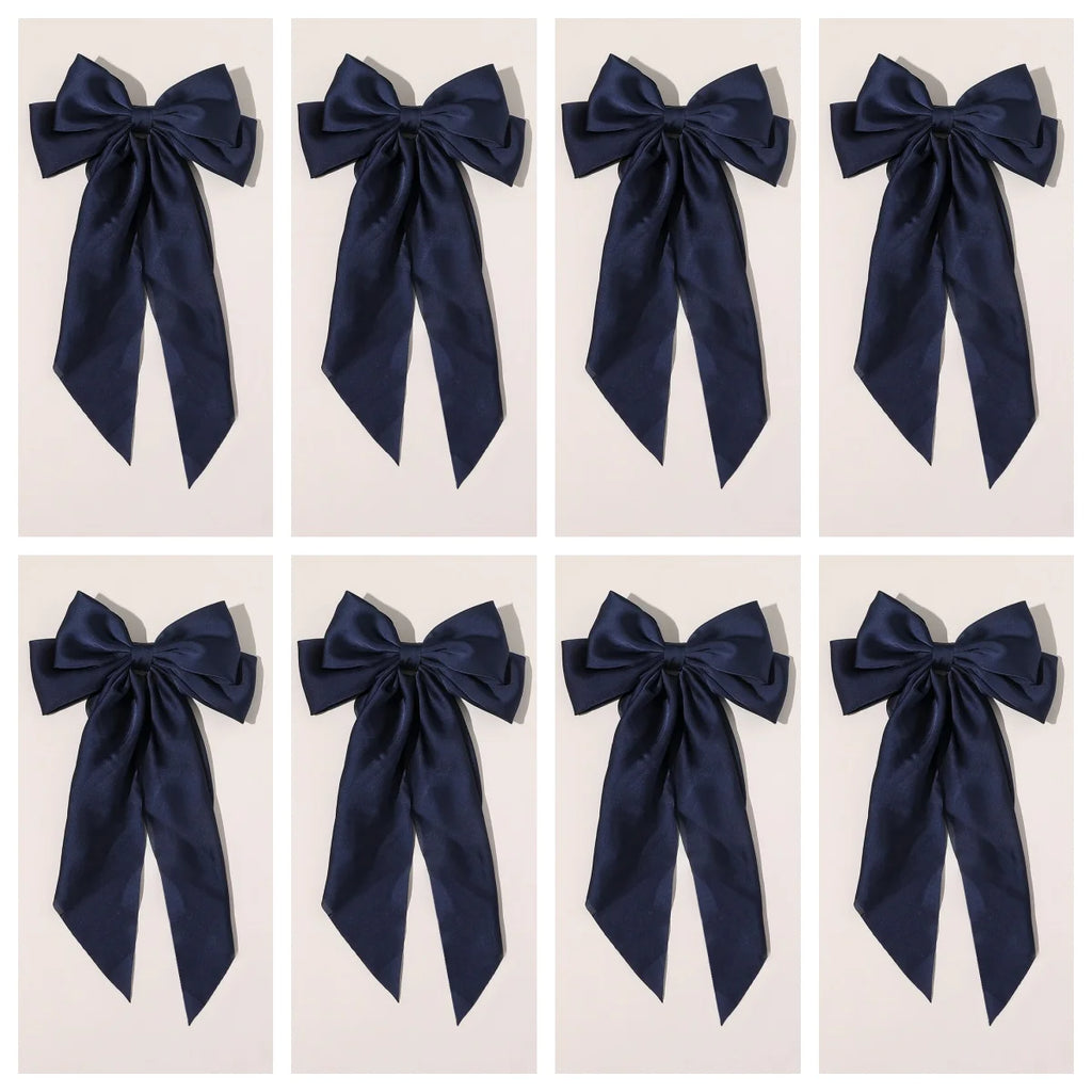 8 Ladies Satin Large White pink Red Blue Black Ribbon bow Oversized bow Long tail hair clip spring clip ponytail Hair accessorie