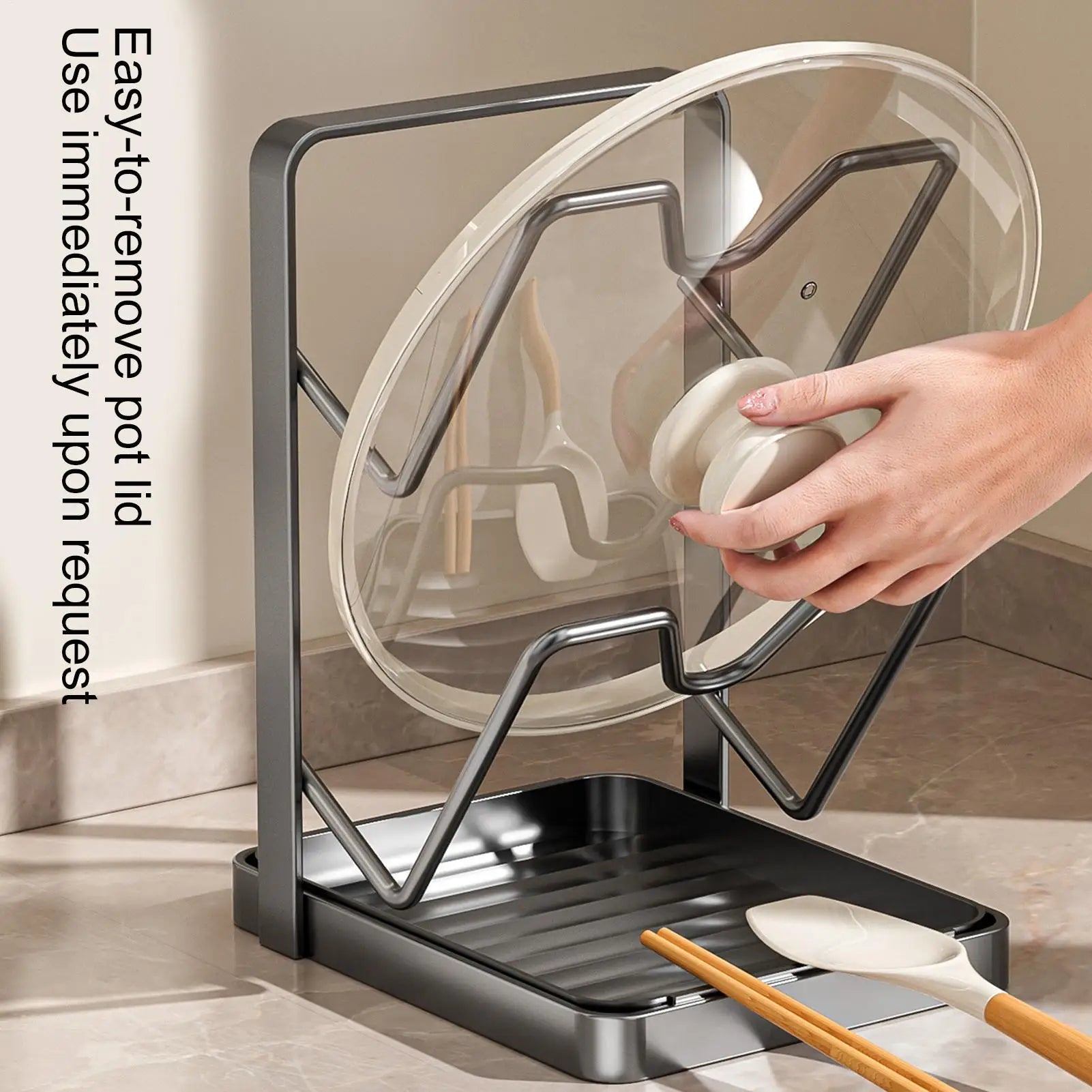 Kitchen Pot Lid Rack No Drill Pot Lid Organizer Kitchen Space Saving Countertop Organizer Rack with Drainage Tray Storage Rack