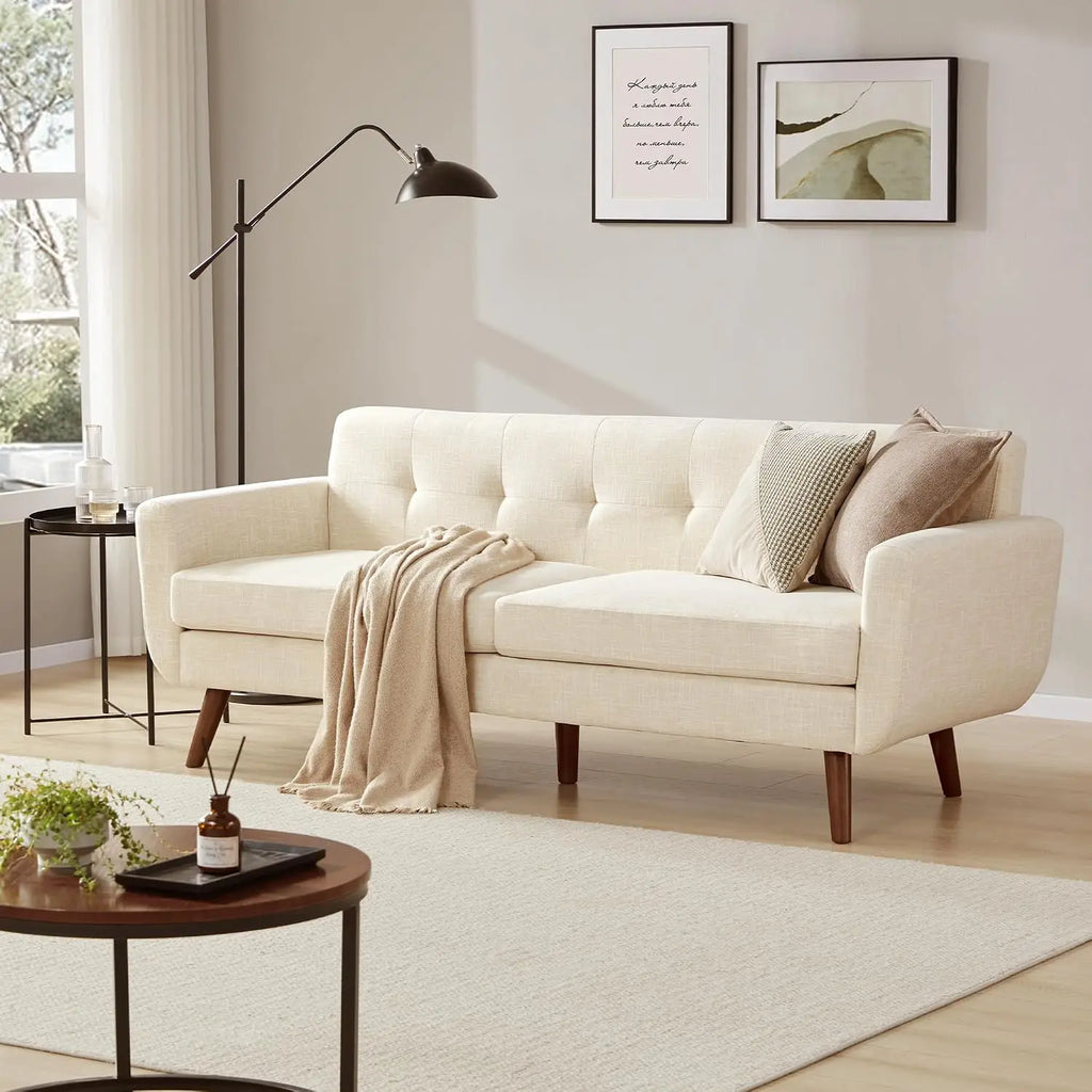 Linen Sofa Loveseat Mid Century Modern Button Tufted Upholstered Solid Easy Install Living Room Bedroom Beige, Customized