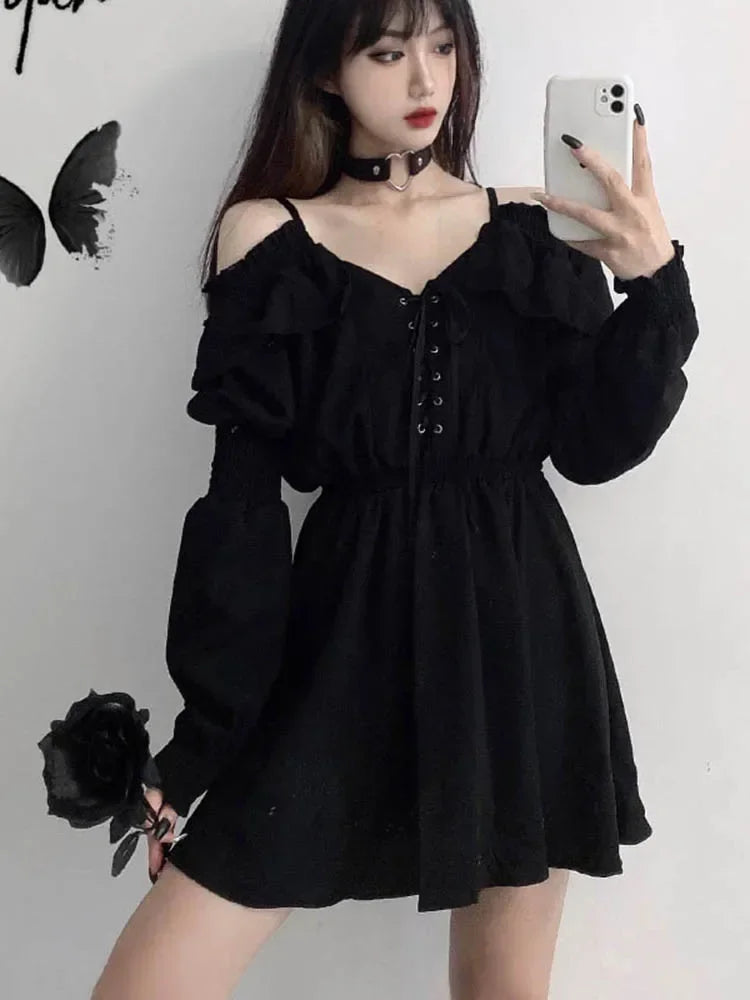 Zoki Harajuku Gothic Women Dress Y2K Summer Sexy Off Shoulder Black Bandage Mini Dress Fashion Elegant Party Night Vestidos New