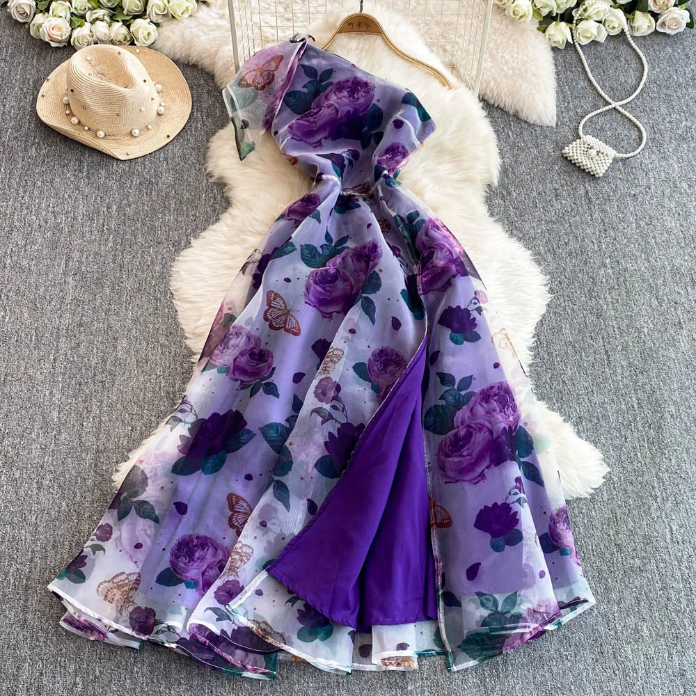 Spring Floral Series Holiday Dr Women's Summer High Waist Slim Fit Sexy Strapl Midi Length Belted Gown Korean Sle