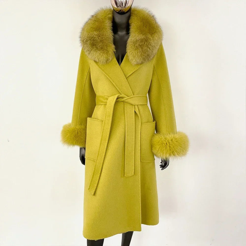 Elegant Wool Fur Jacket Women's Autumn Winter Warm Coat Natural Real Fox Fur Collar Jacket Casual Fashion Long Fur Coat Women's