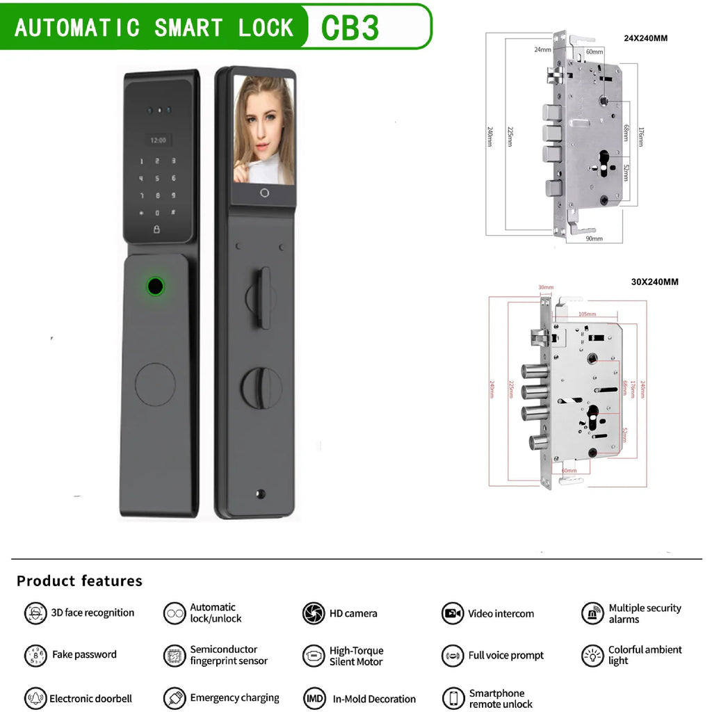 EGFirtor TUYA  APP Remote Control IC Card Electronic Smart Door Lock Waterproof  3D Face Password Fingerprint Keys Unlock Way