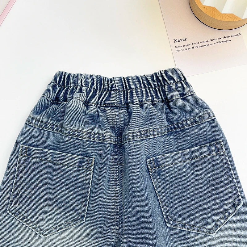 Girls' Jeans Straight Wide Leg Washed Soft Cow Pine Girl All-Match Wide and Long Pants Spring New