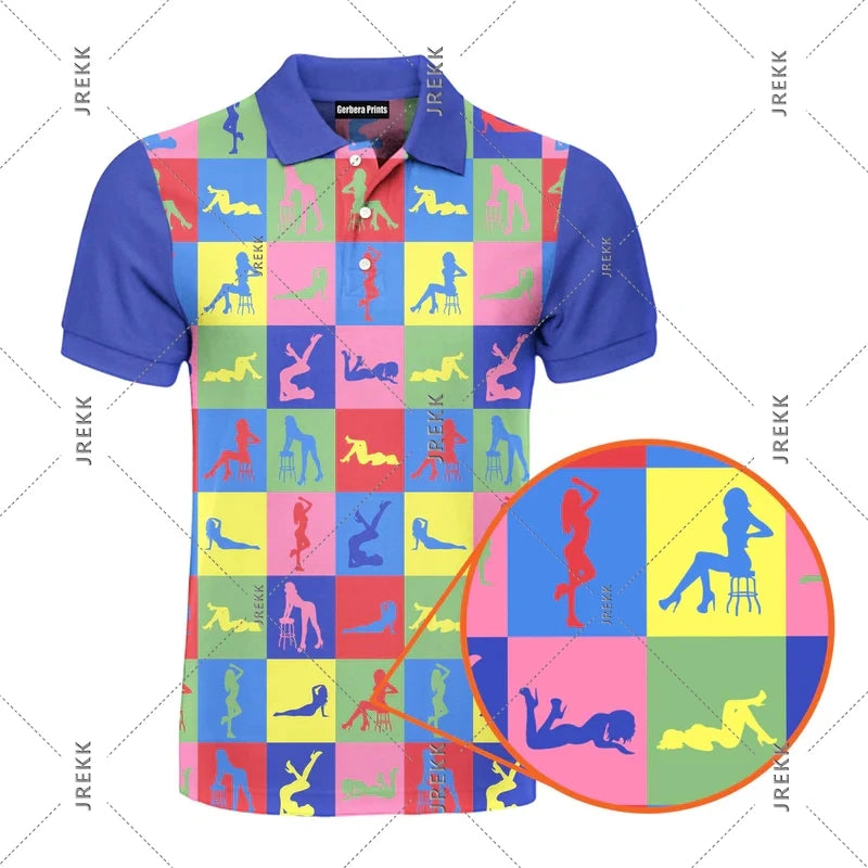 Sexy Over Print Polo Shirt For Men Hip Hop Street Personality Short Sleeve Button Golf Shirts Summer Vacation Carnival Funny Top