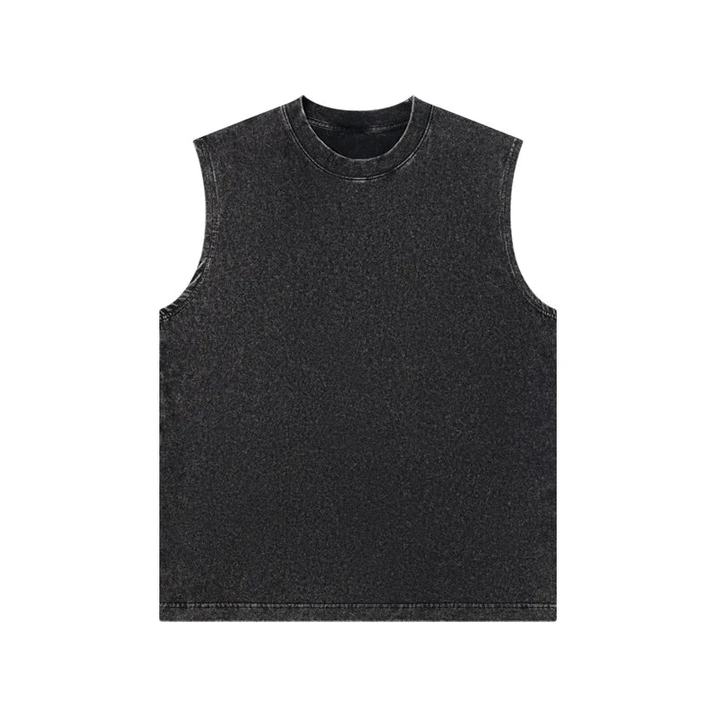 230g Pure Cotton European and American High Street Retro Washed Distressed Sleeveless Vest Men's Casual Loose Shoulder T-shirt