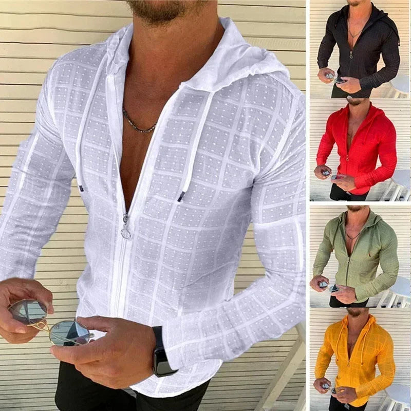 Summer Fashion Sleeveless/Long/Short Sleeved Hoodie Zipper T shirt Casual Plaid print Open Stitch Beach Sun Protection Clothing
