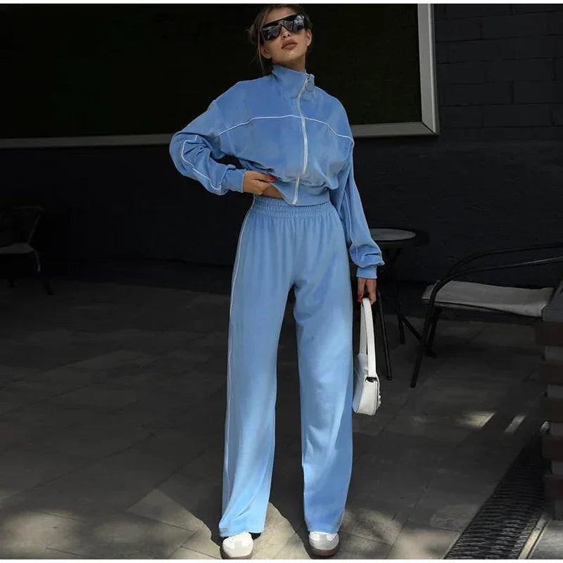 Women's Casual Solid Color Two-piece Short Stand-up Collar Jacket Wide-leg Pants 2026 Street Style Women's Clothing Set