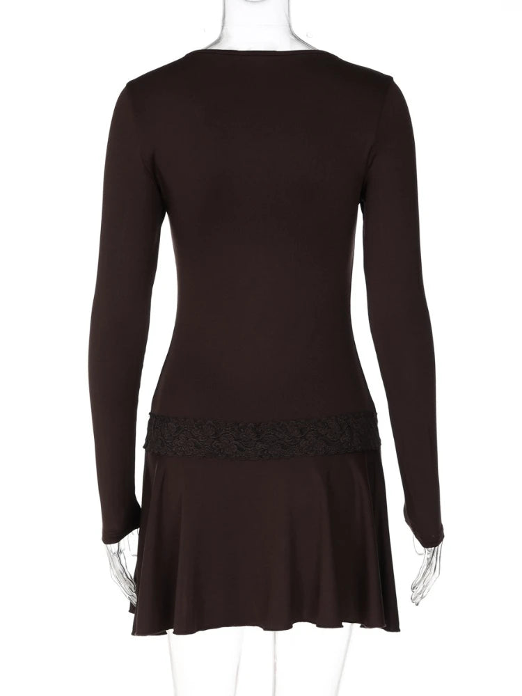 FDYOUI Casual Sexy V-neck Lace Patchwork Mini Dresses Women Long Sleeve Pleated Slim Holiday Dress Party Club Outfit Streetwear