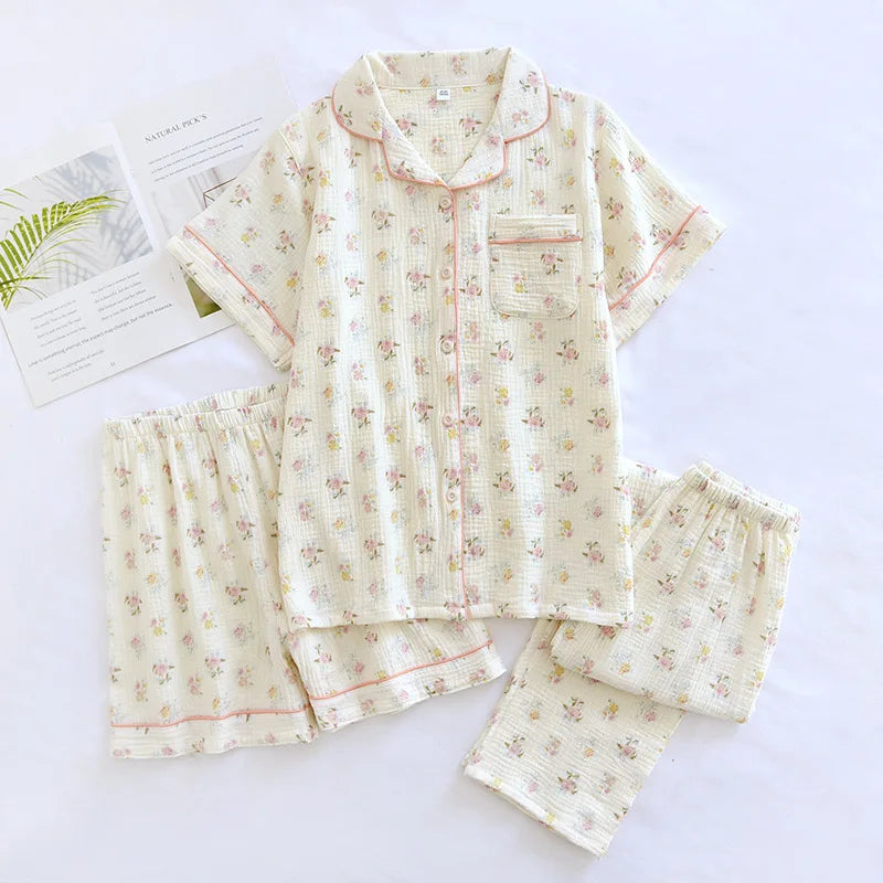 100% Gauze Cotton Summer Women Pajamas 3 Pieces Set  Female 2025 New Sleepwear Bedroom Set Short sleeved long pants + shorts