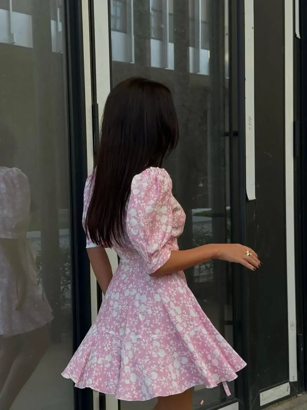Fashion Women V Neck Printed Short Dress Puff Sleeve Waist-cinching Lace Up Mini Dresses Lady Chic Daily Street Gown 2026 Summer