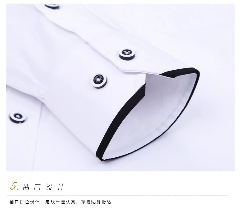 Men's Stand Up Collar Shirt Classic Round Neck Slim Fit Vertical Collar Long Sleeved White Shirt
