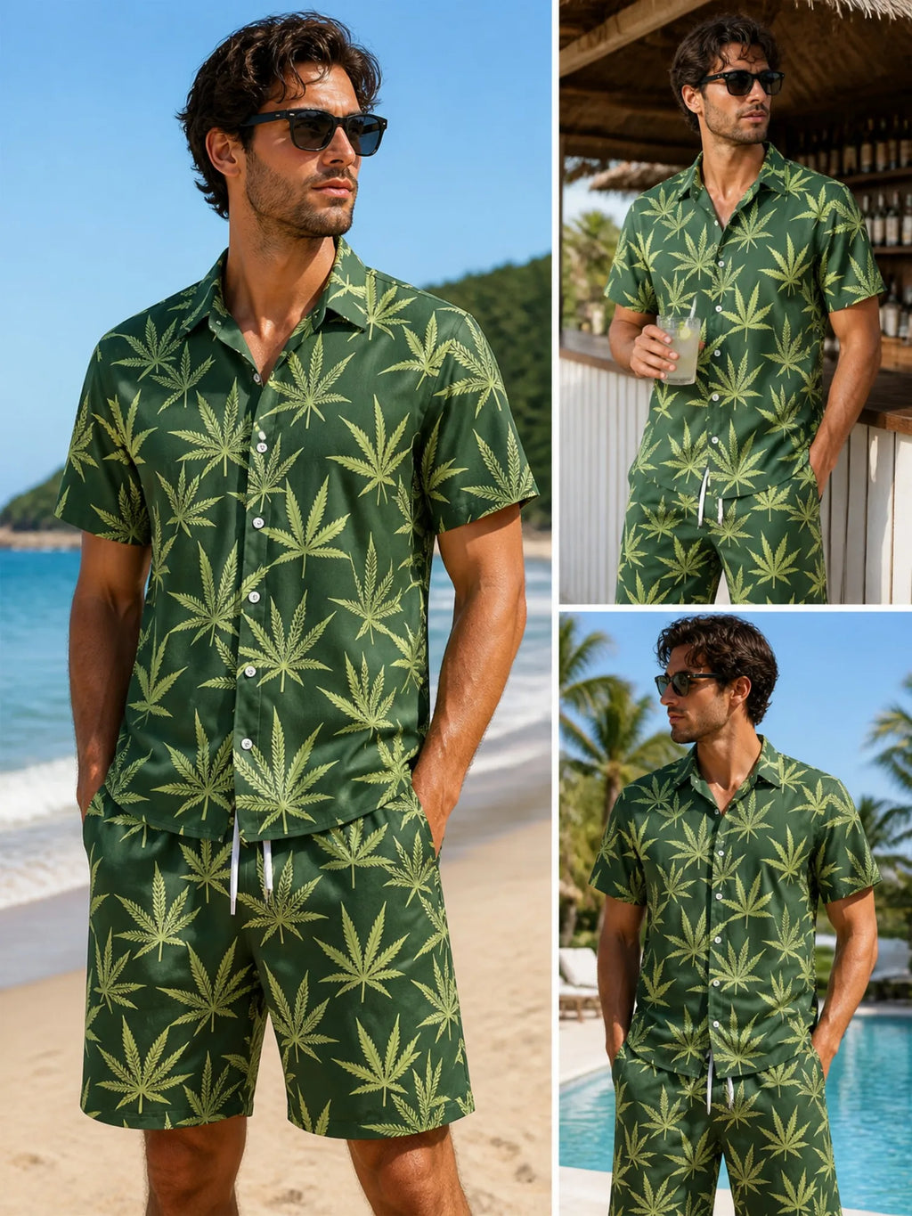 Mens Floral Short Sleeve Shirt and Drawstring Shorts Set Beach Vacation Relaxed Summer Two Piece Weekend Beach Outfit Travelwear