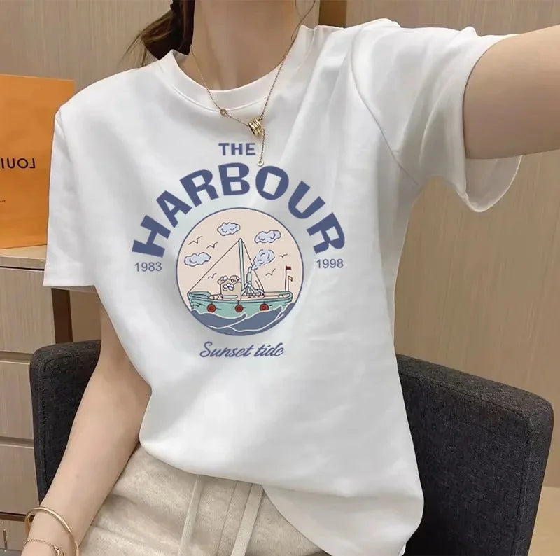 Women's Short Sleeve T-Shirt Pure Cotton Thin Summer Korean Style Loose Fit Shoulder round Neck Half Sleeve Ladies Top Versatile