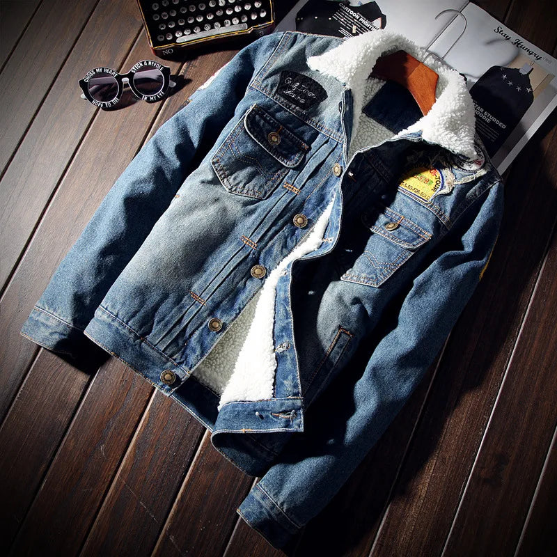 Winter Men's Denim Jacket 6XL Oversized Fur Coat Warm Thicken Highstreet Casual Cowboy Jacket Men Clothing Overcoat