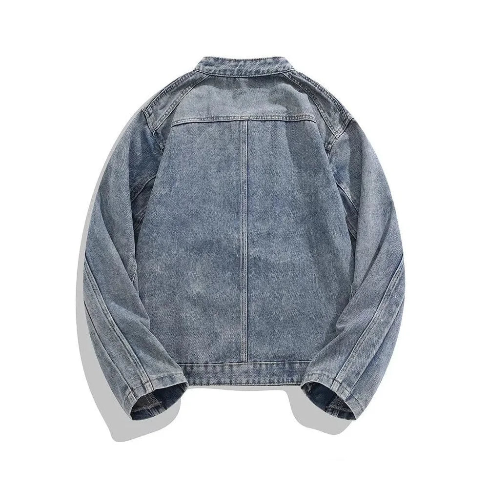 Men Denim Jacket Round Neck Zip Up Slim Fit Washed Vintage Casual Biker Jean Jacket Streetwear Outerwear 2026 New