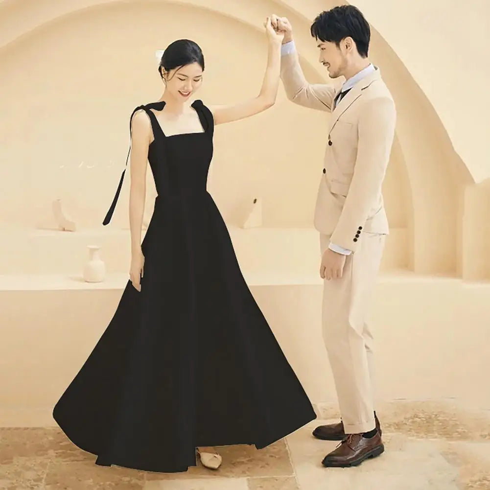 Women Wedding Dress Satin Lace-up Shoulder Strap Bow Square Neck A-line Big Swing Solid Color Sleeveless Elegant Evening Dress