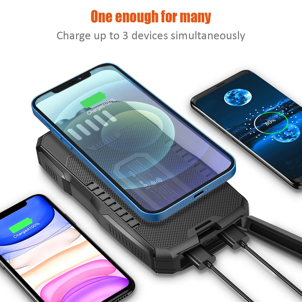 30000mAh Solar Power Bank with Wireless Charger, Dual USB Outputs, Bright LED Flashlight, Waterproof