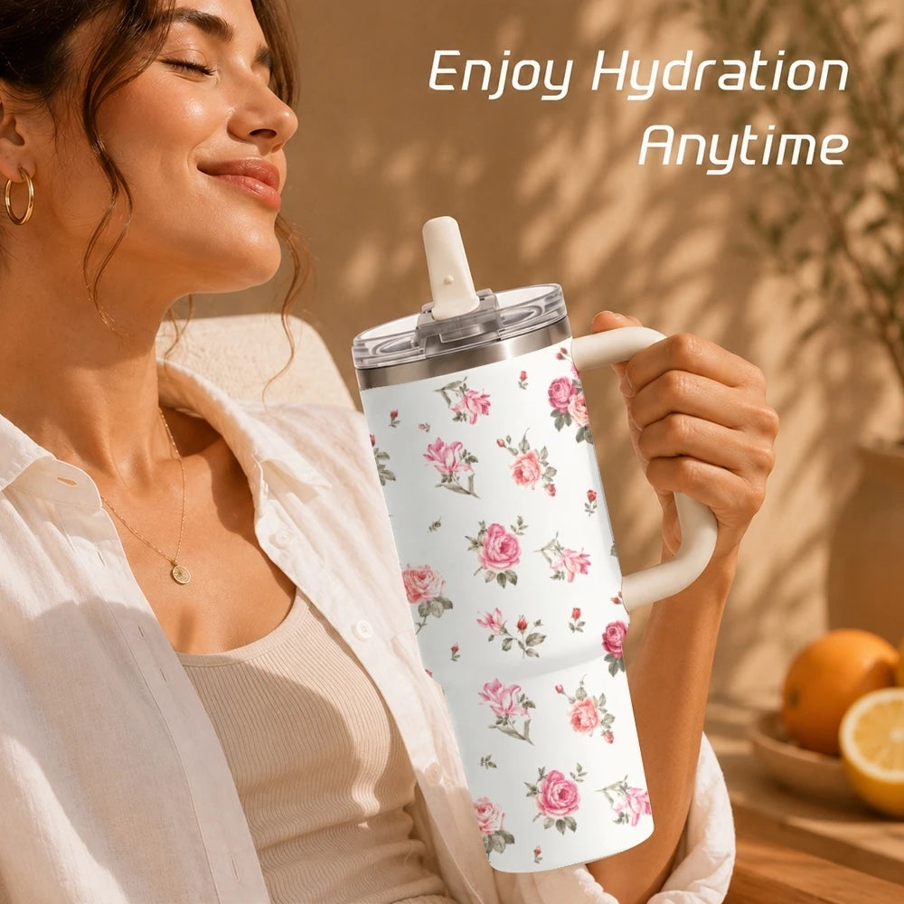 Vintage Floral Style Vacuum Flasks 40oz Stainless Steel Tumbler with Handle Straw Lid Vacuum Insulated Double Wall Leak Proof