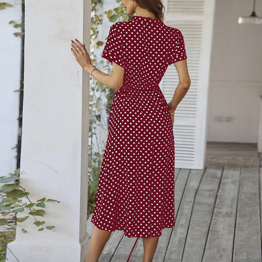 Elegant retro polka dot dress Women's Summer Midi Dress V Neck Single Breasted Short Sleeve Dresses Fashion Print Dress