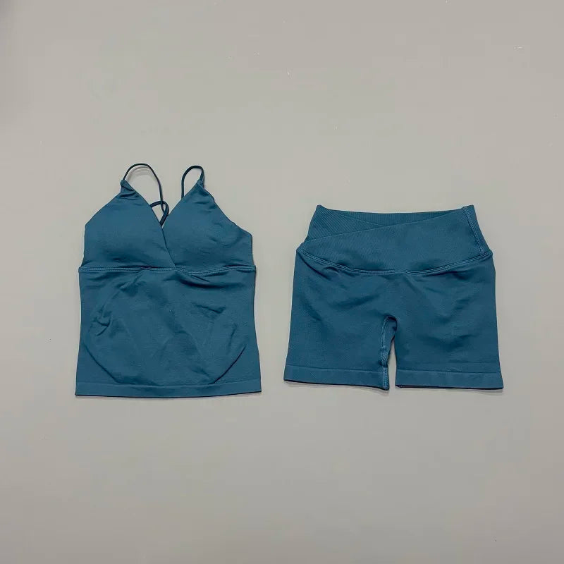 2Pcs Workout Shorts Set Women Cross Waist Scrunch Butt Shorts Tummy Control Racerback Tank Top Running Fitness Two Piece Suit
