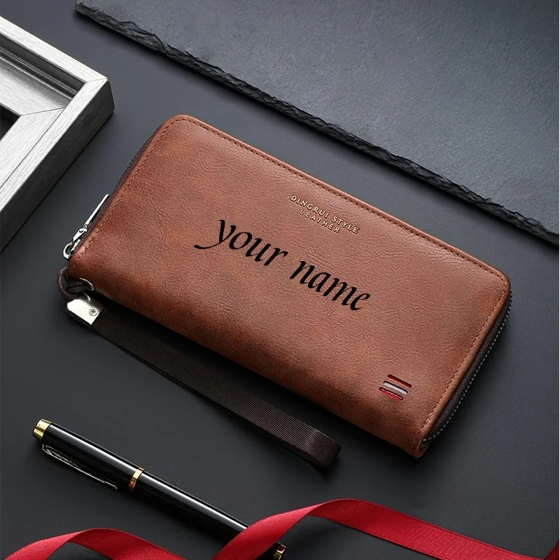 Customized Name Men's Long Handheld Wallet Multiple Card Slots with Small Coins Pocket for Mobile Phone Cash Cards Daily Storage