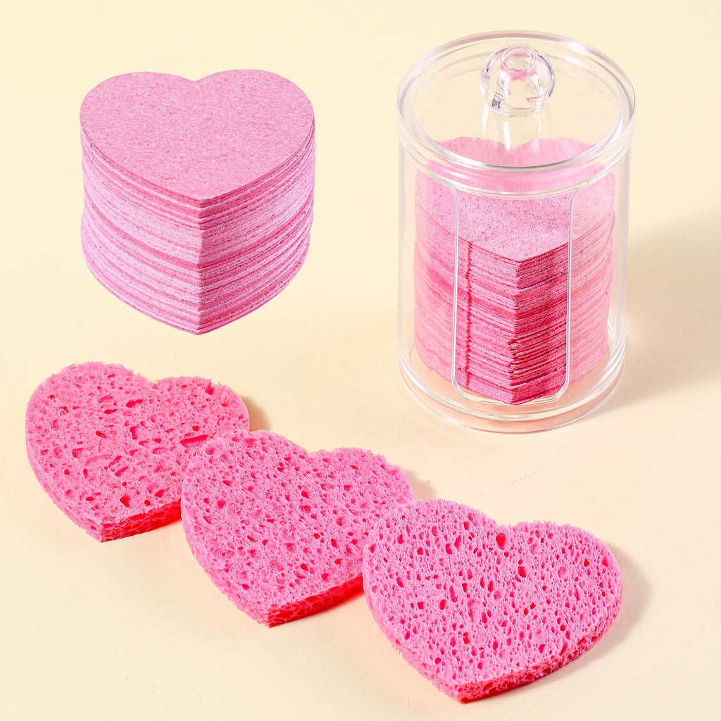 Facial sponge with container, heart-shaped compressed facial sponge natural cleaning pad for washing face, exfoliating, and make