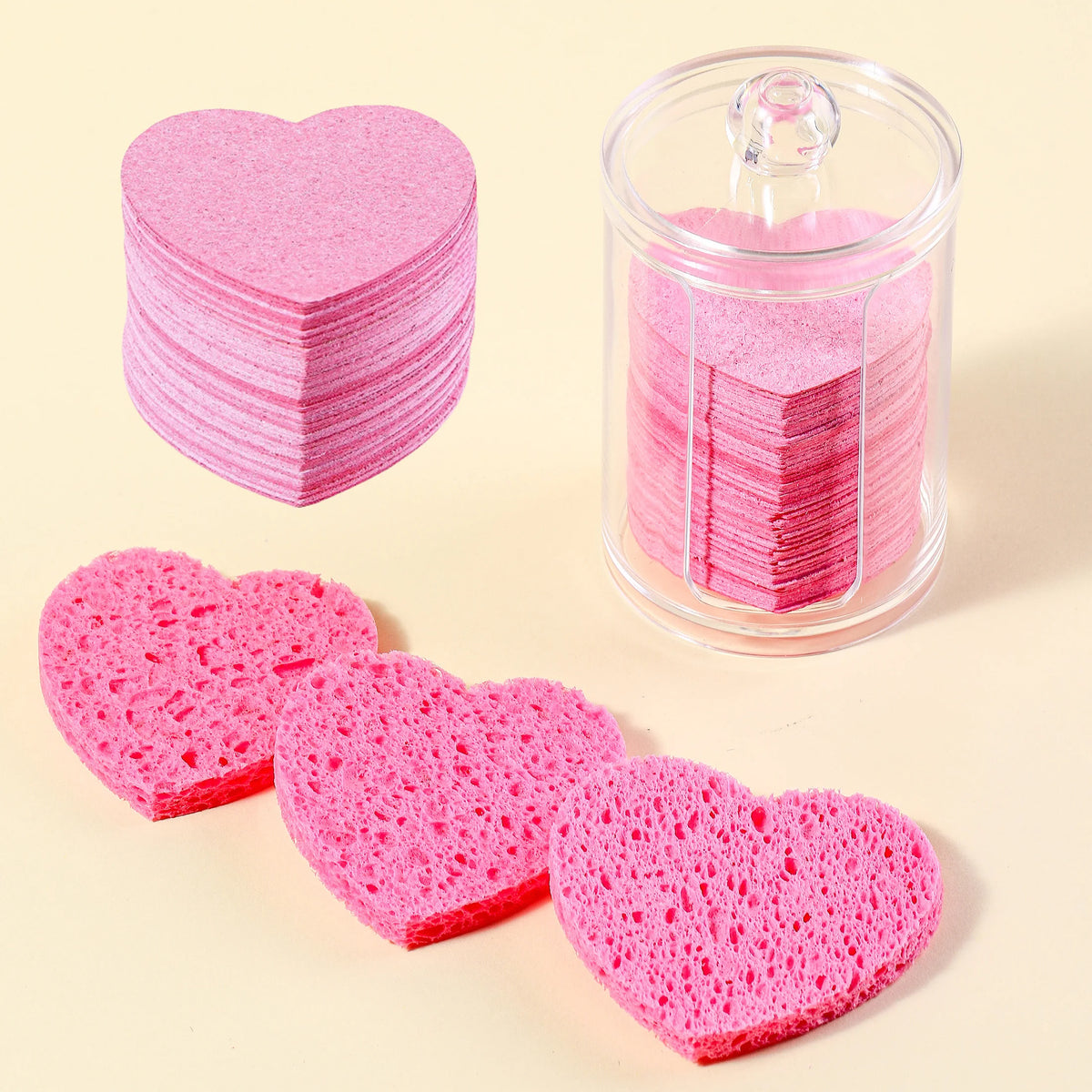 Facial sponge with container, heart-shaped compressed facial sponge natural cleaning pad for washing face, exfoliating, and make