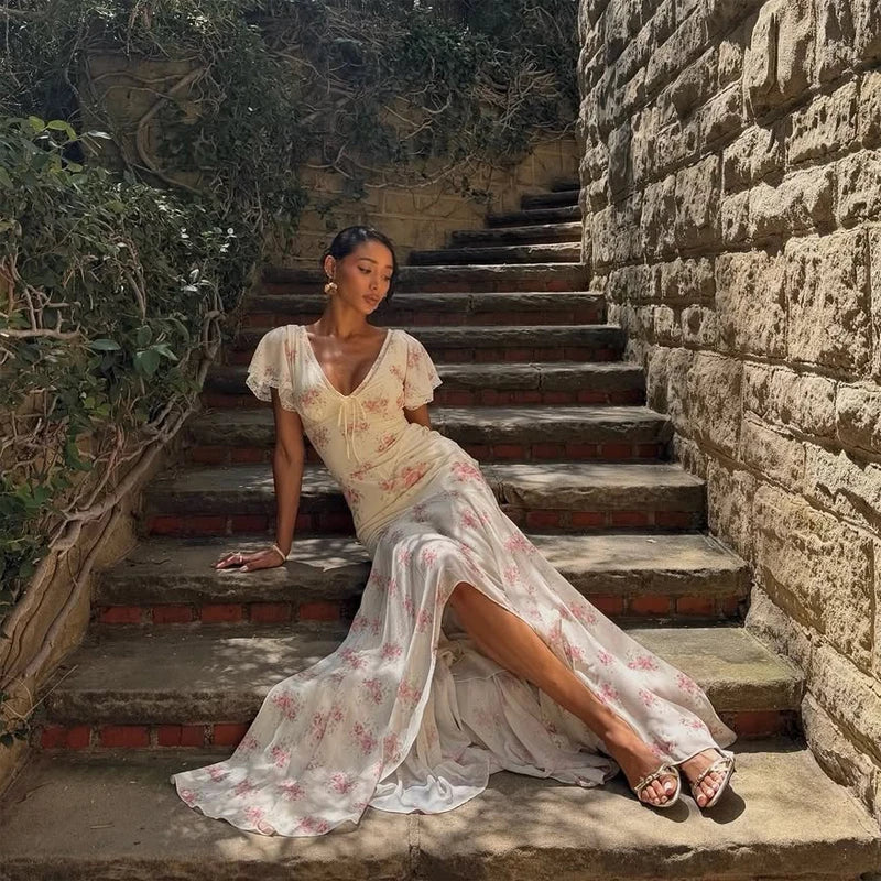 Women Floral Print Short Sleeve Maxi Dress Fashion V-neck Ruffle Trim Belted Slit Hem Dresses Casual Lady Daily Vacation Gowns