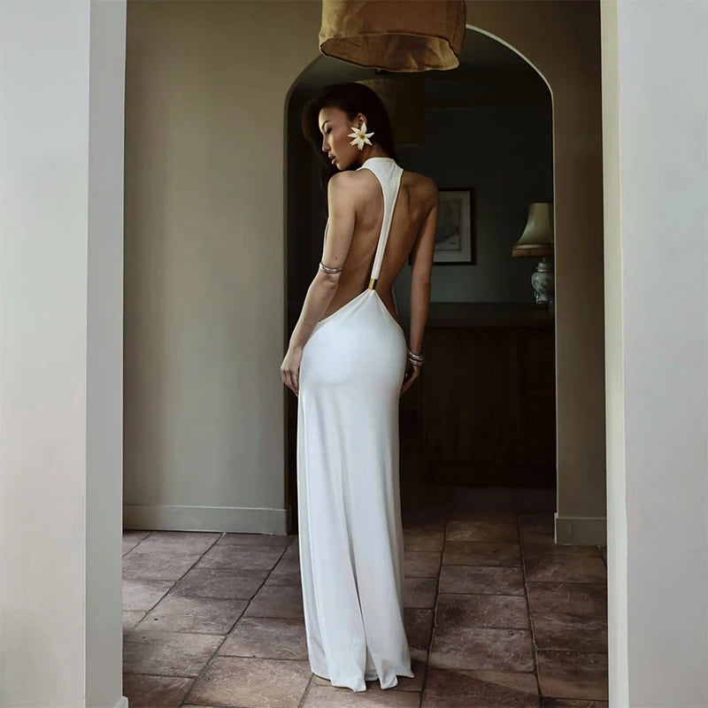 Backless Women Dress Satin Spaghetti Strap Maxi Dresses Back Tail Cowl Drape Front Neck Side Split Hem Elegant Evening Bodycon