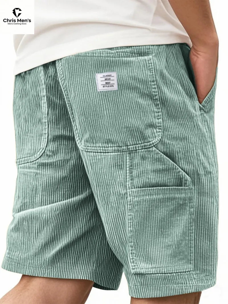 Men's Workwear Shorts Summer Casual Corduroy Loose Elastic Waist Multi-Pocket Leisure Pants Embroidery Retro Style Male Trousers