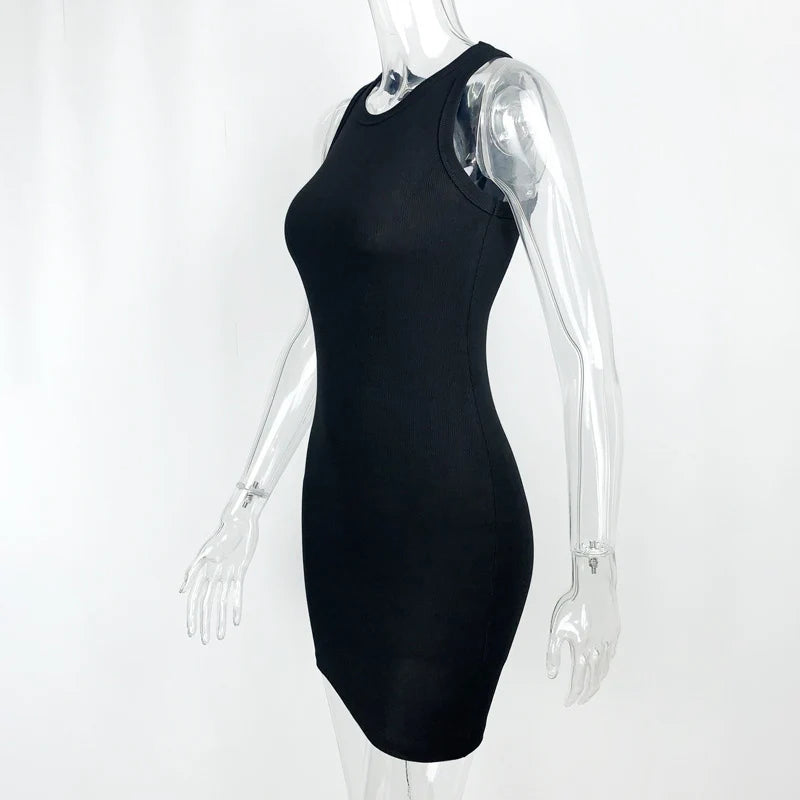 Women's Black Ribbed Bodycon Mini Dress Sexy Sleeveless Vest Club Party Tight Fitting Solid Color Summer Dress