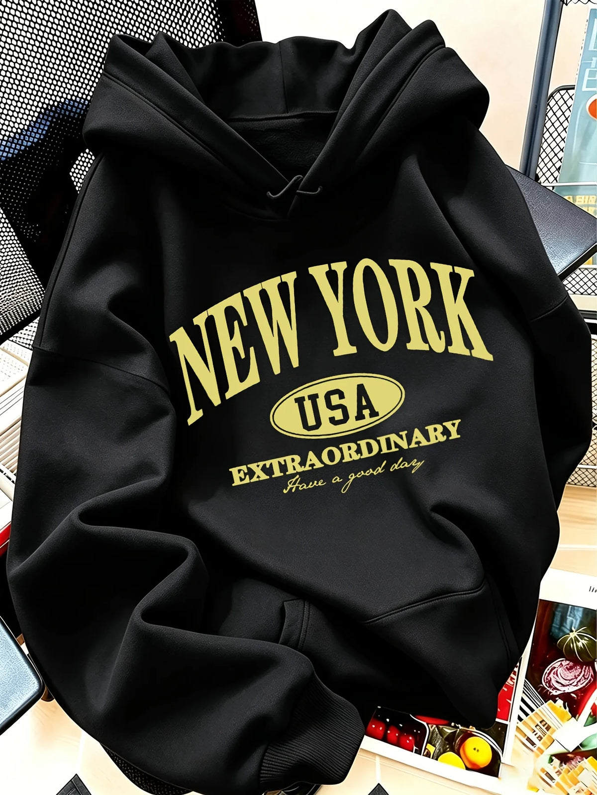 Letter NEW YORK Print Hooded Sweatshirt Women's American Vintage Style Pullovers Graphic Casual Streetwear Clothes Female Outfit
