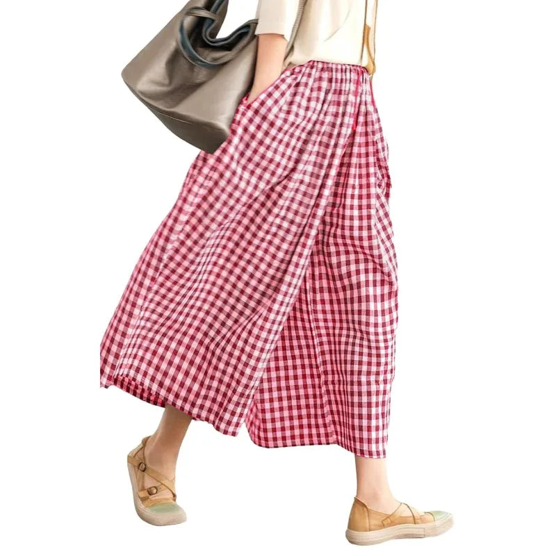 Women's Casual Plaid Wide Leg Pants Summer New Loose Slimming Lazy Long Trousers Comfortable Loose Fit High Waist Pants 2025