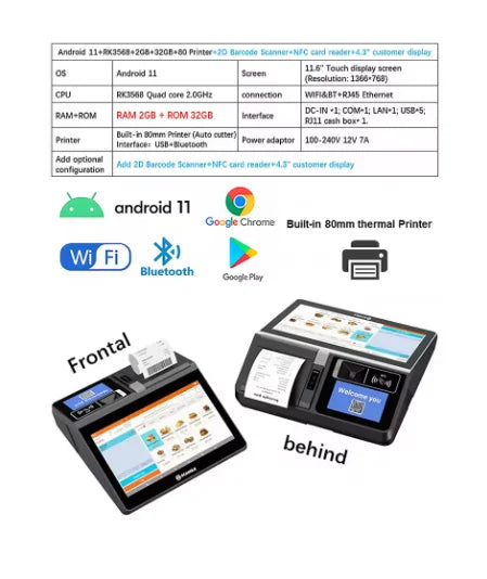 11.6inch Desktop /Wall-mounted Windows & Android Cash Register POS Systems with 80mm Autocutter Thermal Receipt & Label Printer