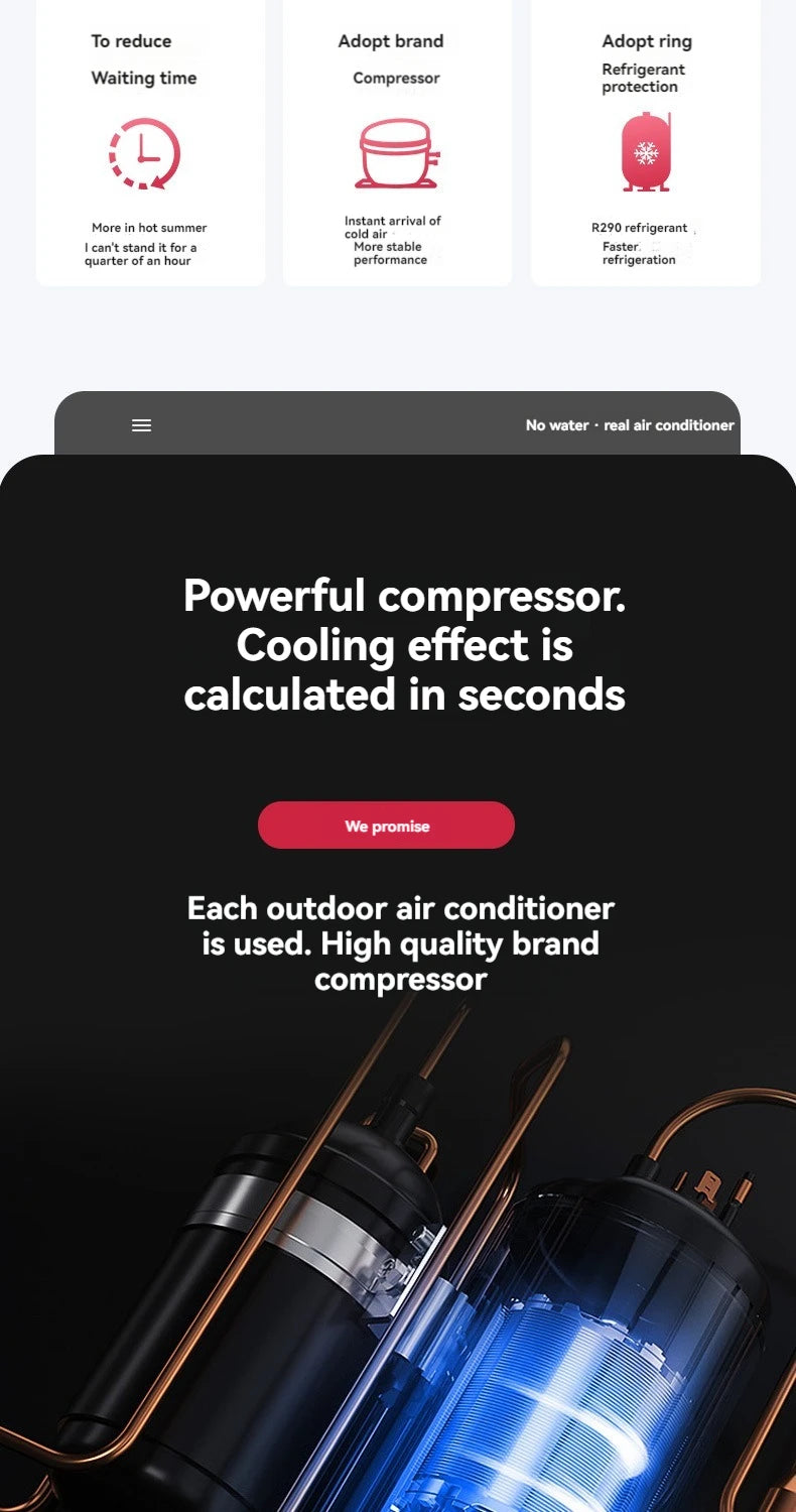Portable portable air conditioner with integrated compressor, powerful cooling outdoor air conditioner