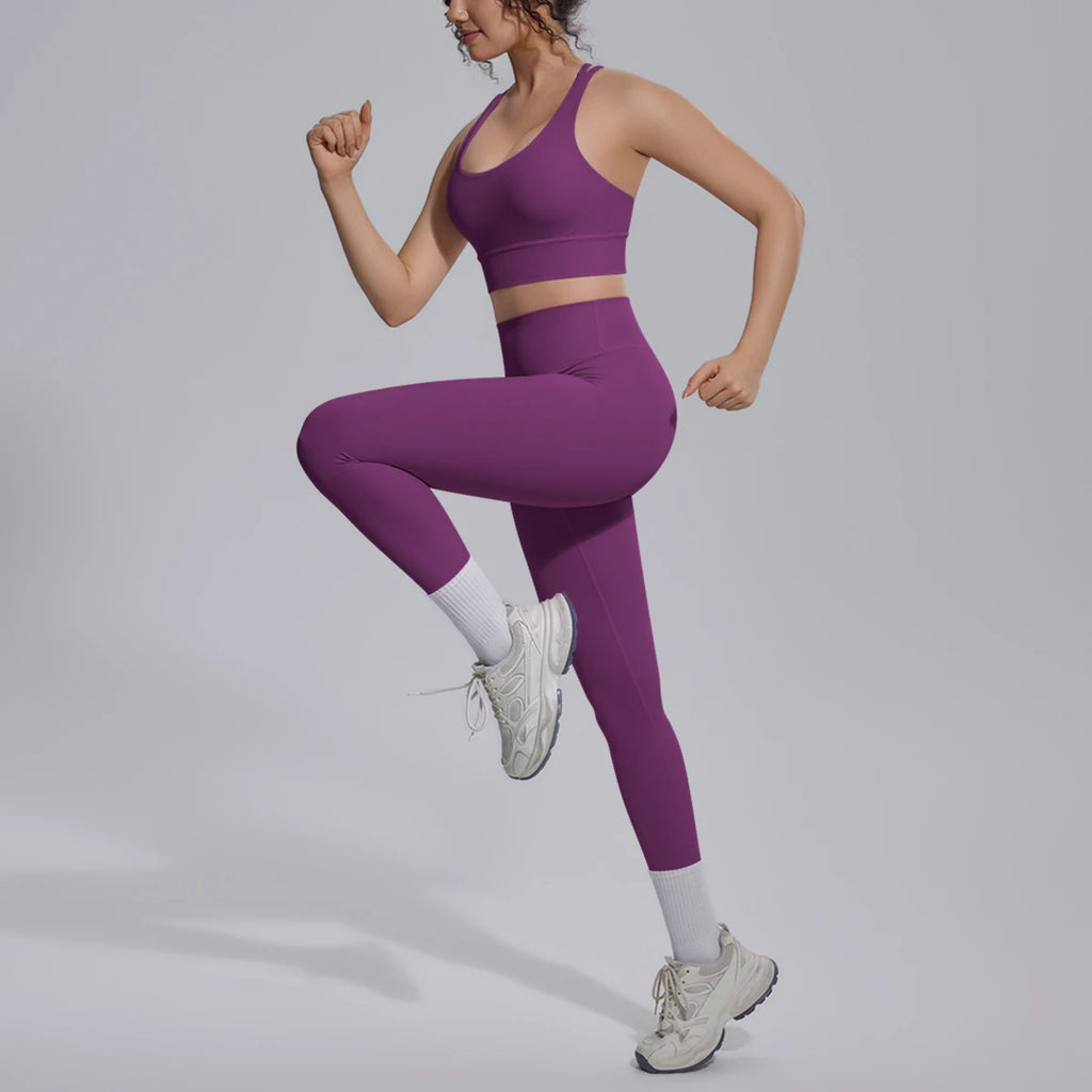 2PCS Yoga Set Summer Gym Sports Running Yoga Clothing Solid Color Cross Bra Workout Top High Waisted Quick Drying Fitness Pants