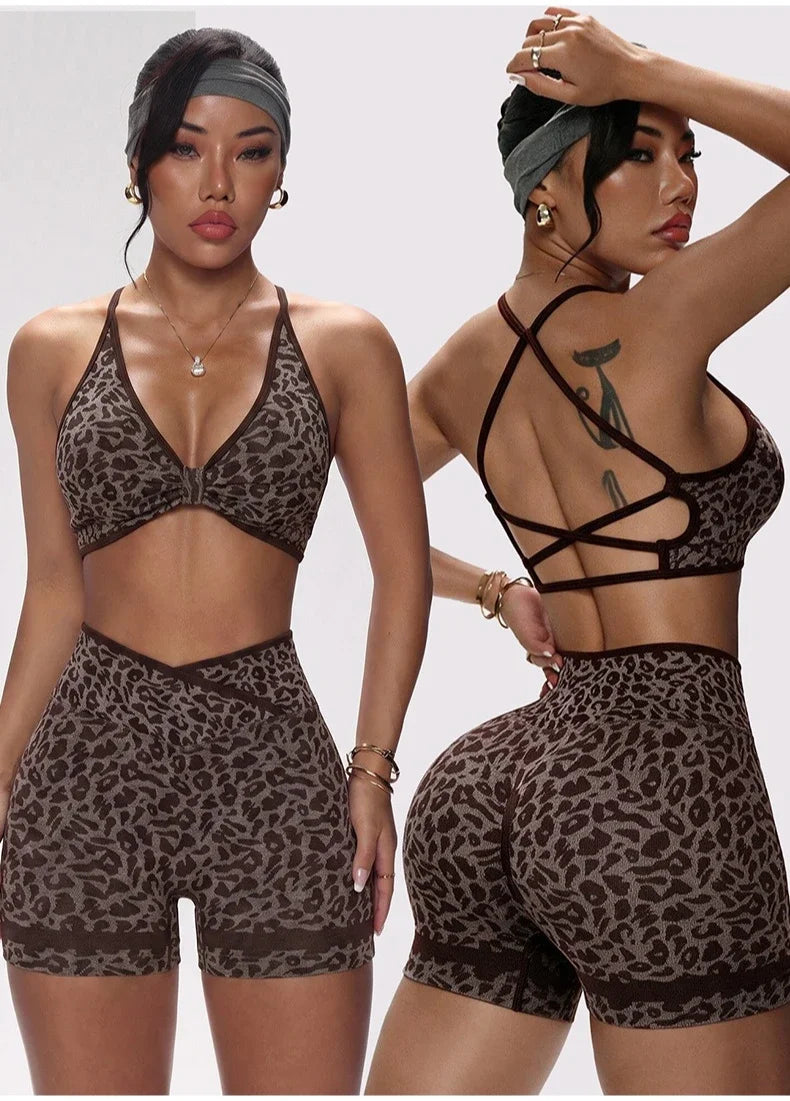 Women Seamless Leopard Print Yoga Outfit Cross Back Sports Bra and Biker Shorts 2 Piece Set Gym Workout Fitness Active Wear
