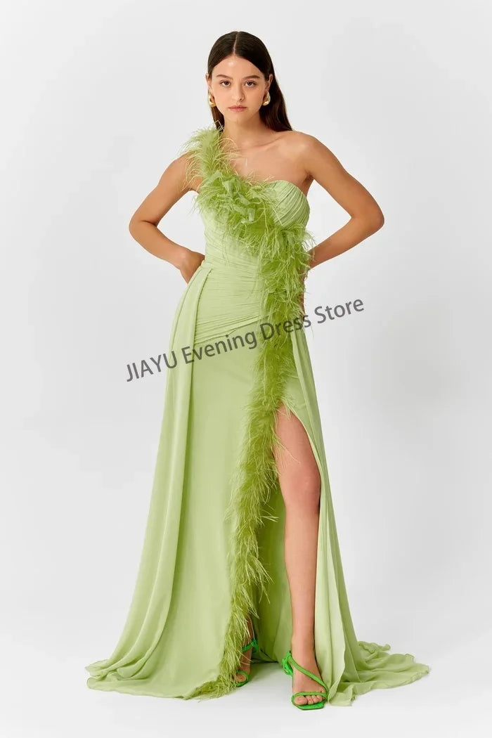 Customzied Chiffon A-line Thigh Slit Floor Length Prom Gown Women's Fashion One Shoulder Sleeveless with Feather Party Dress New