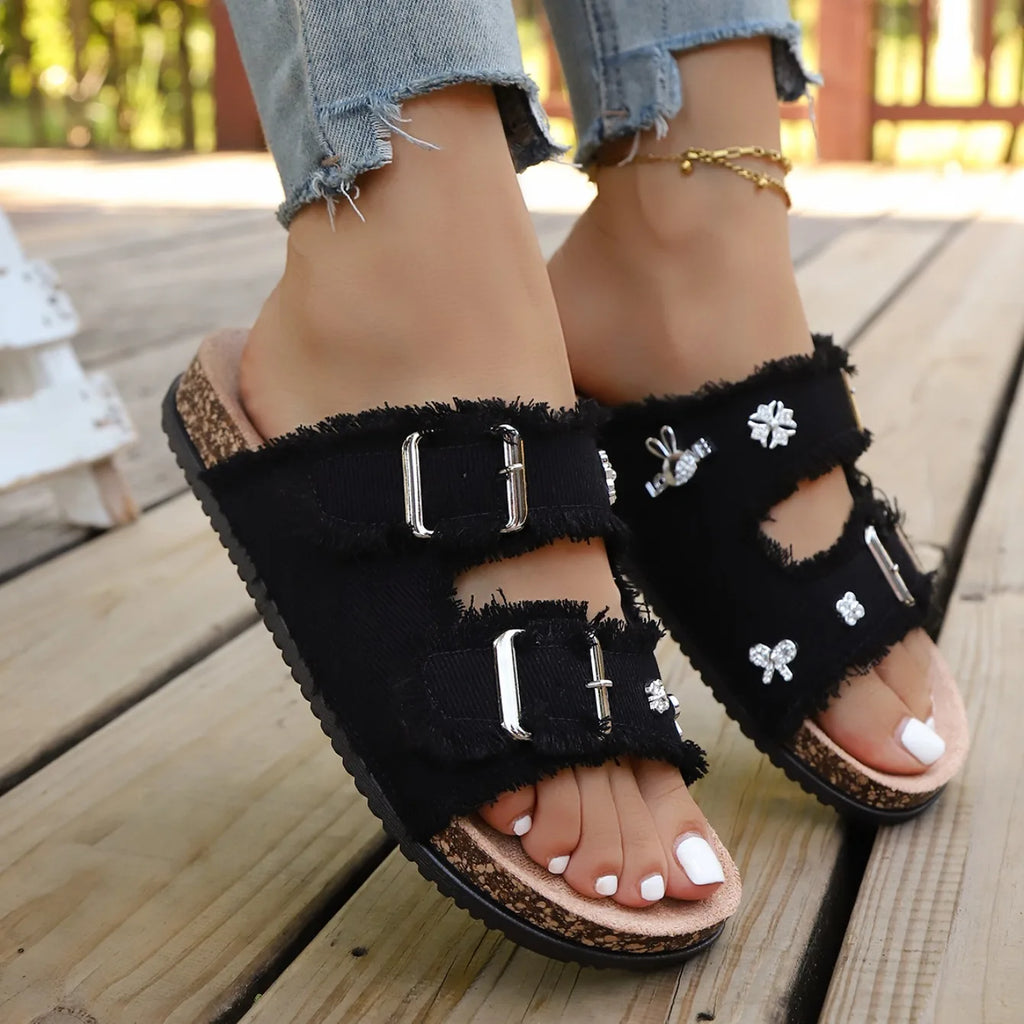 Denim Women Slippers Buckled Fringe Hem Double Strap Slippers Comfortable Sandals Slip-on Beach Shoes Ladies Casual Slides Women