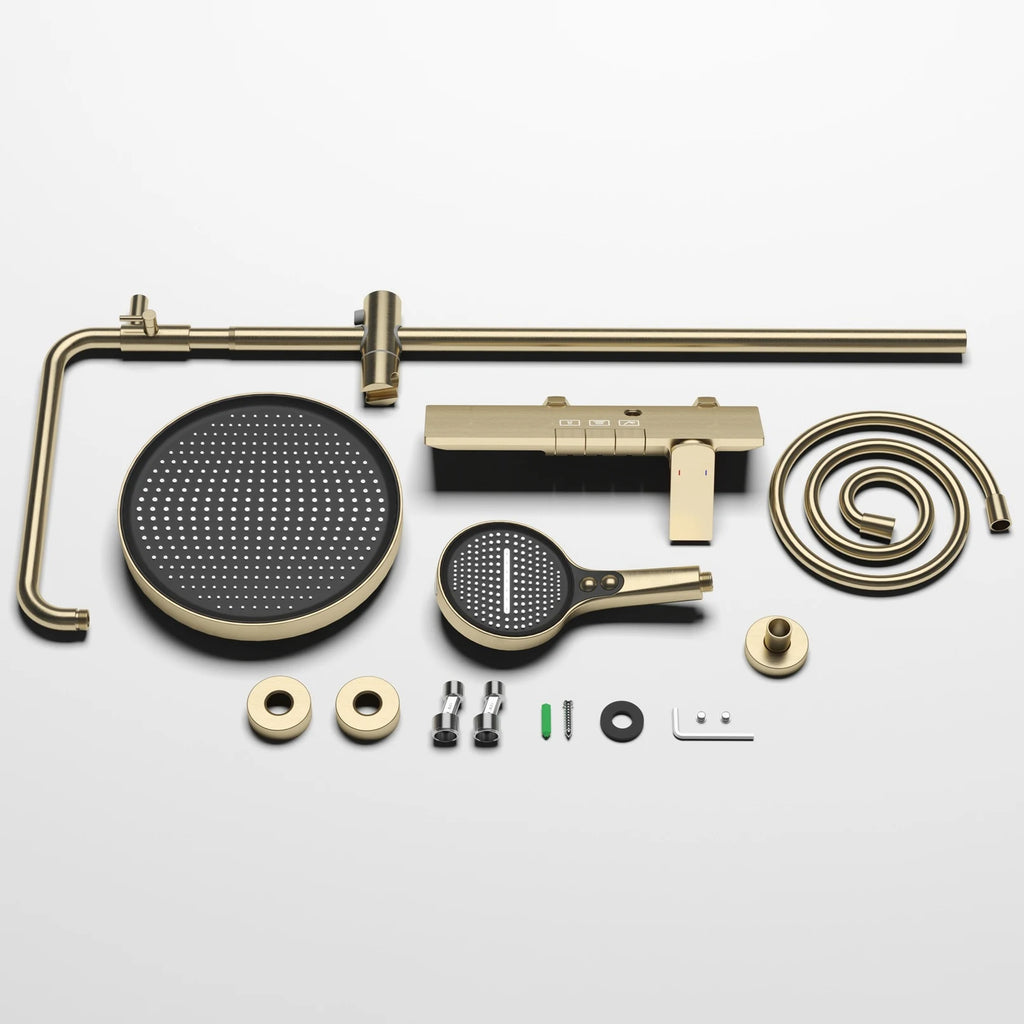 Brushed Gold Piao Bathroom Shower System Set Brass Waterfall Bathroom Faucet 12 Inch Rain Shower Head Hot Cold Piano Shower Set