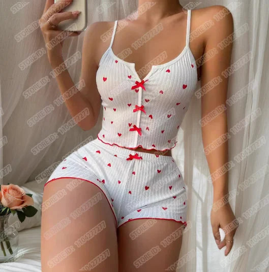 Women Sexy Sleepwear Pajamas Set Heart Print Silk Stain V-Neck Sleeveless Sexy Lingerie Casual Cami and Shorts Sets Loungewear
