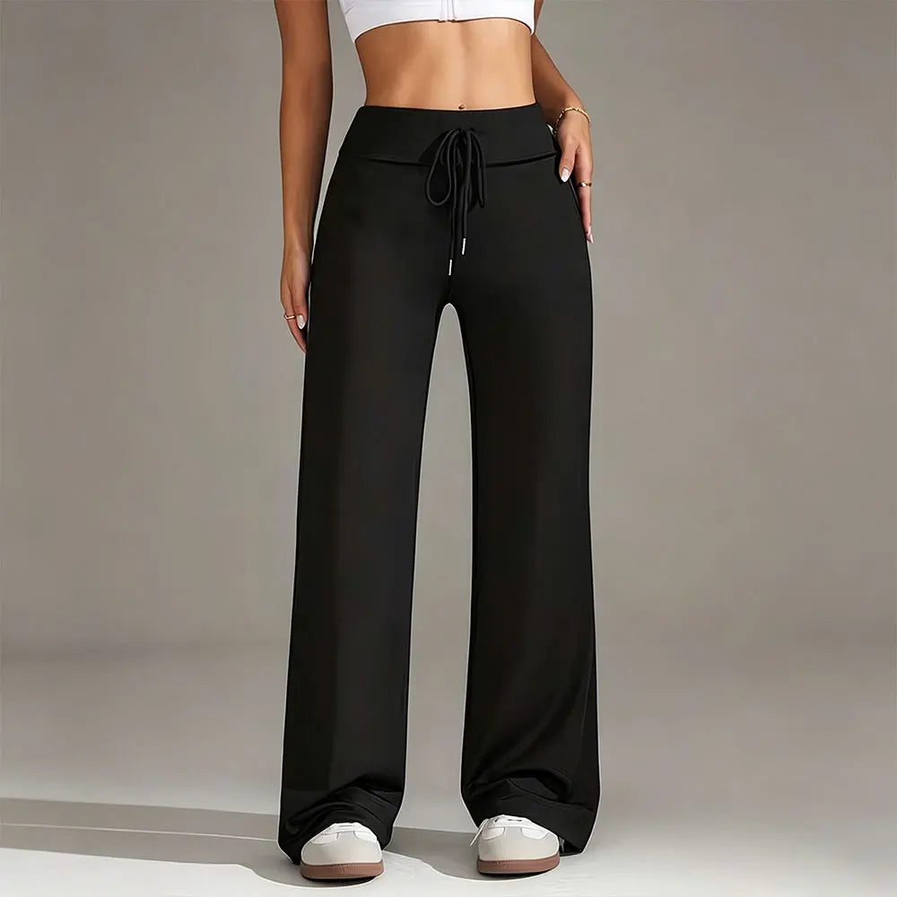 Womens Drawstring Straight Pants High Waist Wide Leg Yoga Trousers Breathable Loose Sweatpants For Fitness Running Casual Wear